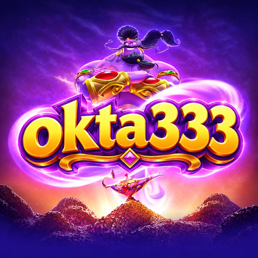 Logo okta333 menampilkan jin ungu dan lampu ajaib berlatar Genie's 3 Wishes