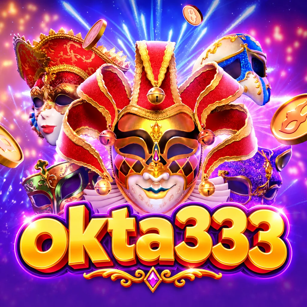 Logo okta333 dengan karakter bertopeng Venesia dalam permainan Mask Carnival