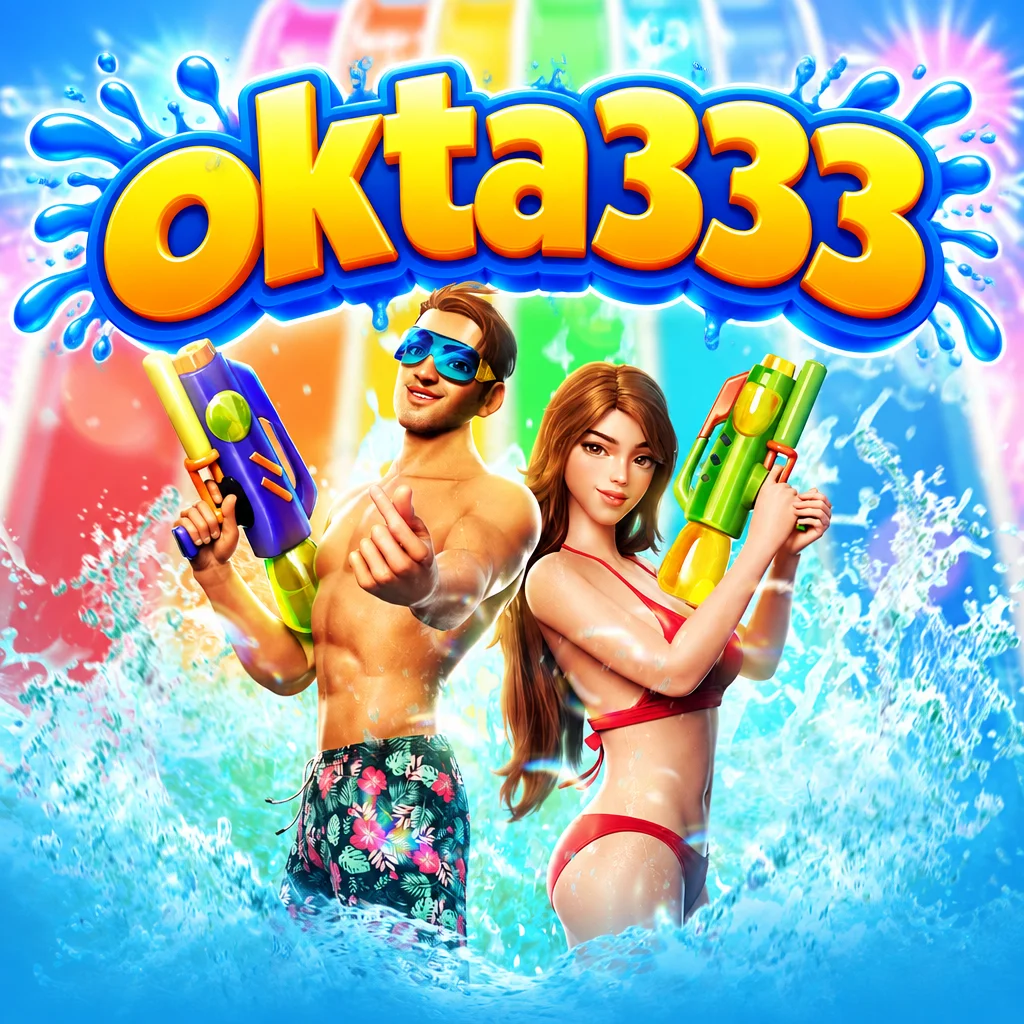 Logo okta333 dengan karakter bertema festival air Songkran Splash memegang pistol air